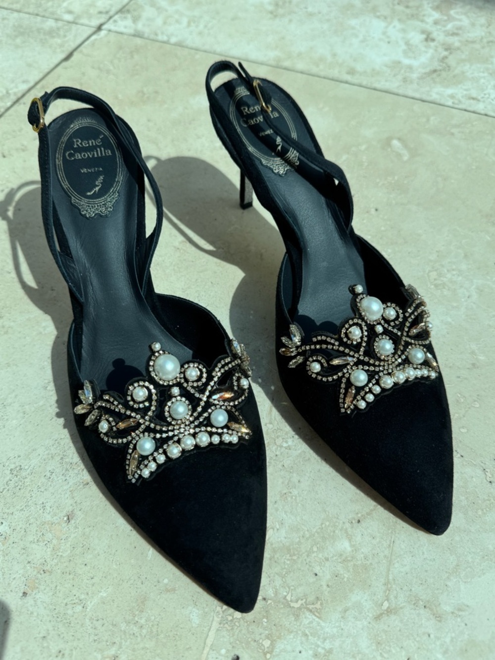 Rene Caovilla Black Suede Pearl & Crystal Slingback Heels